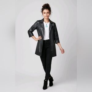 Women's SM Open Long Trench Pea Coat BLK Faux Leather JKT Lightweight Lined NEW